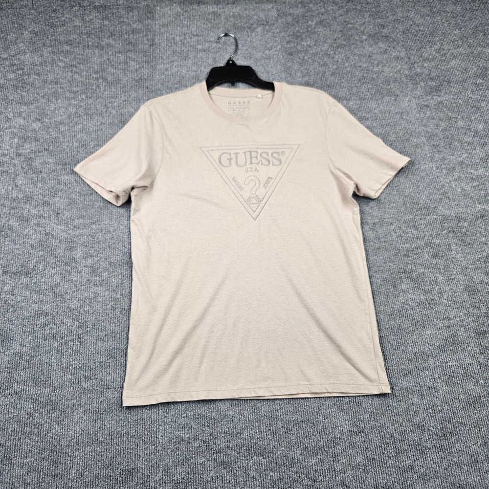 Guess Los Angeles Mens Small Tan Beige Embroidered Triangle Logo T-Shirt Cotton - Picture 1 of 4